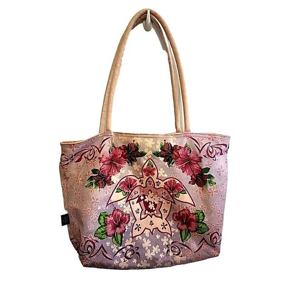 Sea Turtle Canvas Organizer Tote Bag Purse Island Resort Tara Tiger Brand Pink - Picture 1 of 8